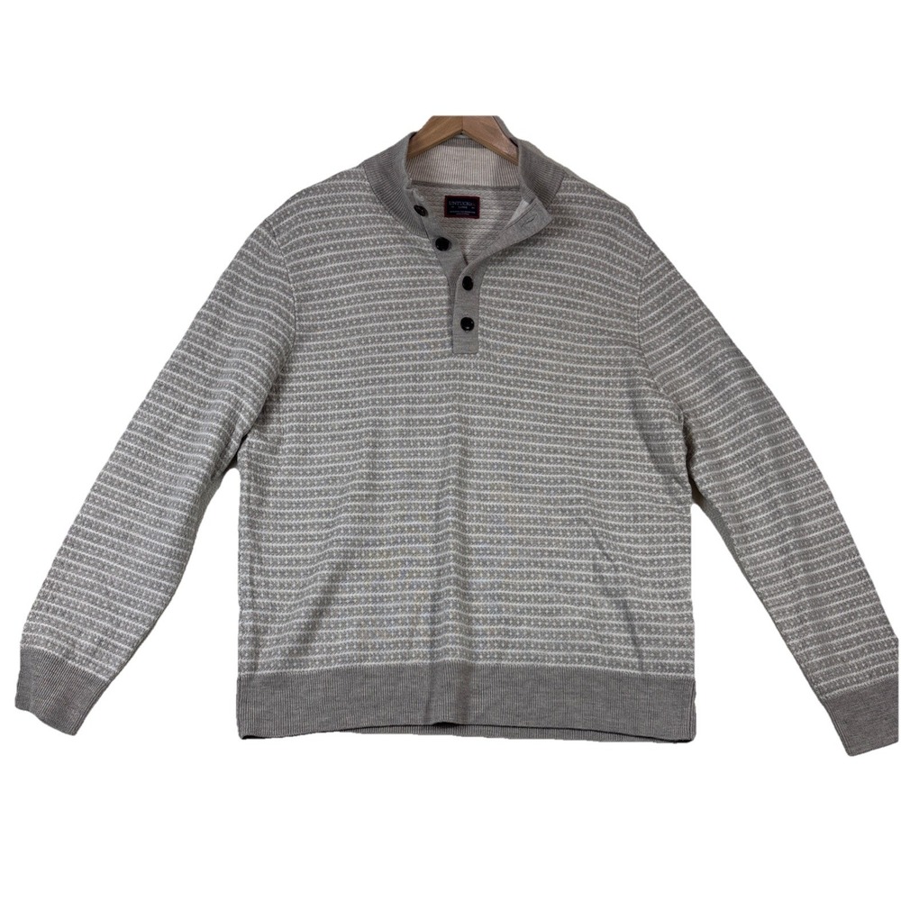 UNTUCKit Men's Large Engwen Tan 100% Merino Wool Striped Button Neck Sweater